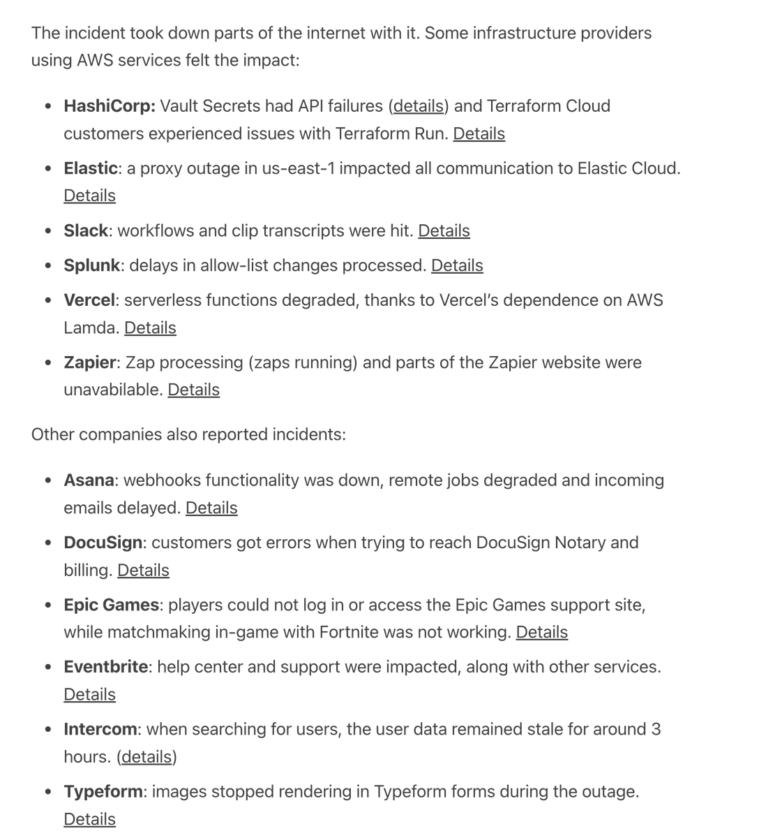 Tuesday's AWS us-east-1 outage could be felt across the internet. Some of the sites (and other infra providers) were impacted.

Found out what kicked off the outage: a load test. Details in <a href="/Pragmatic_Eng/">The Pragmatic Engineer</a>  for full subscribers at: newsletter.pragmaticengineer.com/p/the-scoop-52