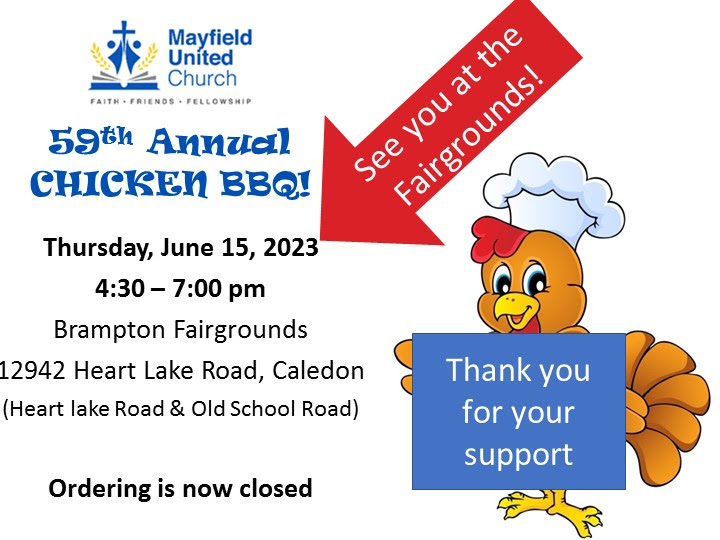 Today's the day! Mayfield's Annual Chicken BBQ.
Thank you for your support! #MayfieldUnitedChurch #ChickenBBQ #Chicken #SupportLocal #CommunityEvent #Community