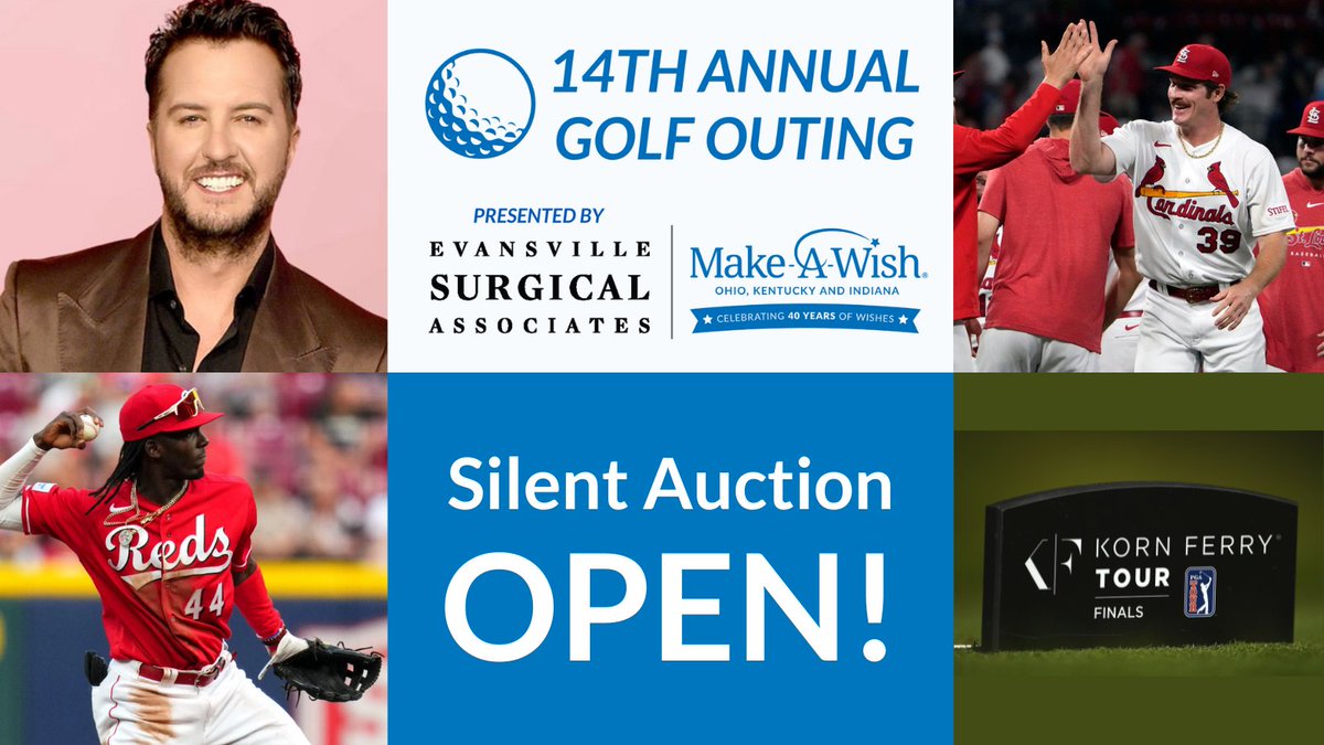 14th Annual Golf Outing Presented by @Evansville_Surg Silent Auction is OPEN! Grant wishes and bid from the comfort of your couch! Bid on @lukebryan Tickets, @Reds Tickets, @Cardinals tickets, @BlantonsBourbon and more! Open through June 30. Bid now: bit.ly/3JbsVxB