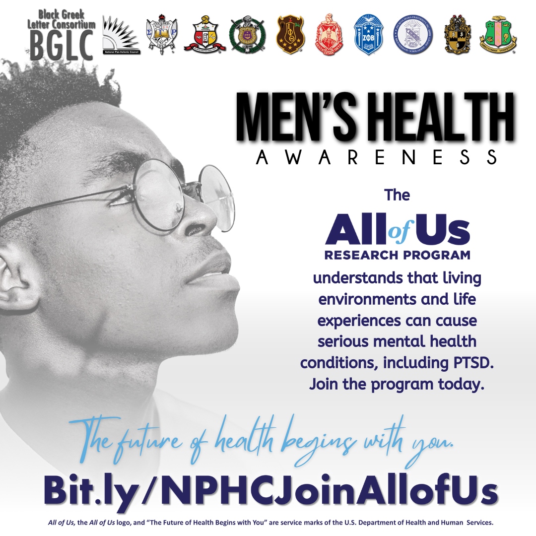 The All of Us Research Program understands that living environments and life experiences can cause serious mental health conditions, including PTSD. Learn more today at bit.ly/NPHCJoinAllofUs

#JoinAllOfUs #BGLC #APA1906Network #MedicalResearch #MensHealth #PTSDawareness