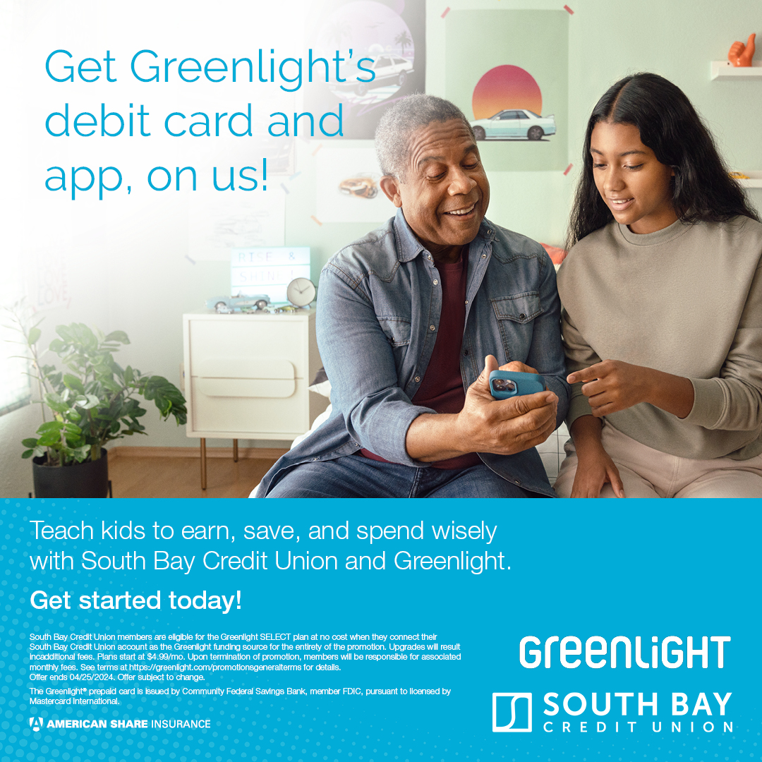 We're excited to announce our partnership with Greenlight, the debit card for kids. As a member of South Bay Credit Union, you can now take advantage of all Greenlight has to offer, on us! #Greenlight #SouthBayCU Find out more at greenlight.com/sbcu Restrictions apply.