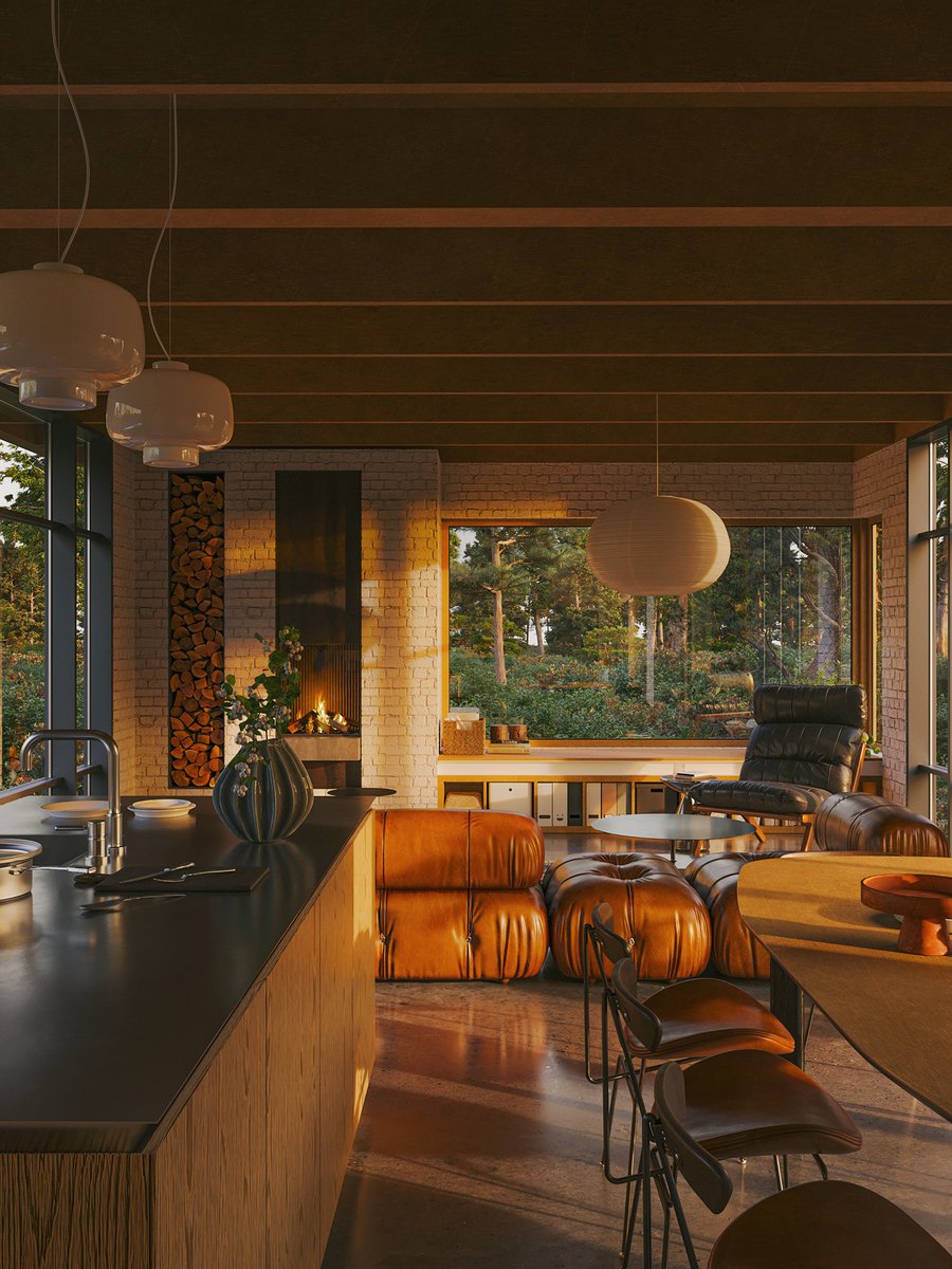 CoronaRenderer's tweet photo. Architectural Visualizer Anh Le takes us on a tour of this cozy, woodsy Canadian villa at sunset. See more: https://t.co/a5IWv9iBNC https://t.co/D3e9acQK9i