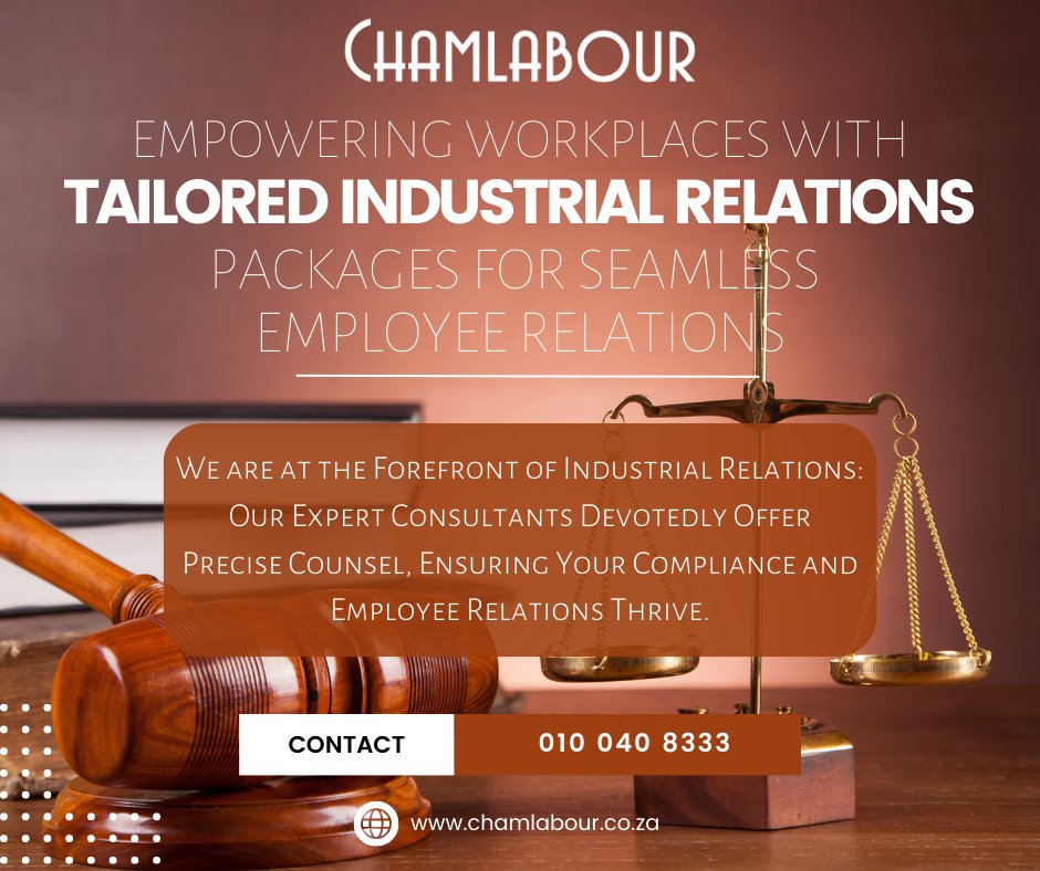 Unlock the Power of Collaboration with Our Expert Industrial Relations Solutions! 🤝✨ Experience seamless labour-management relationships and tailored solutions for your organisation's success.
 #labourrelations #Labour #labourlaw #LegalAdvise #CCMA #wagenegotiation #southafrica