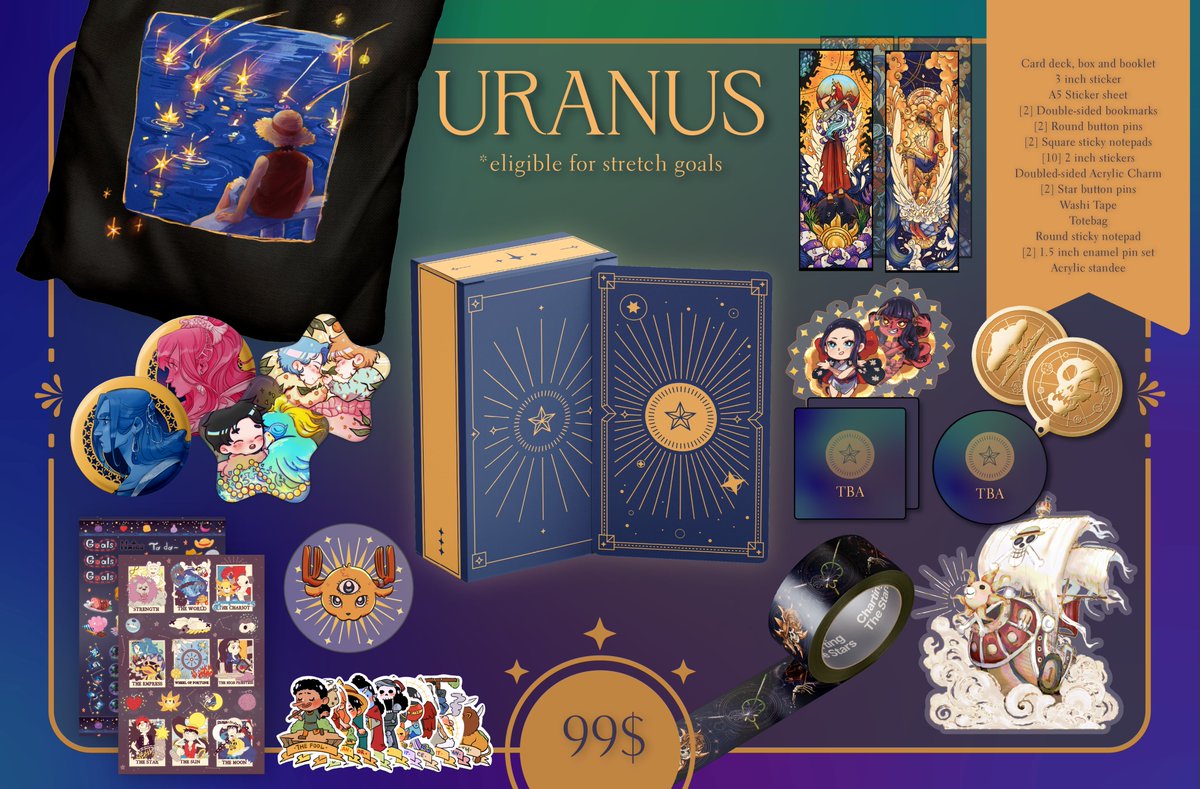 opchartingstars's tweet photo. 🪐URANUS BUNDLE🪐
Our largest $99 bundle includes:
- 78 Card Deck, box and booklet
- 3in Chopper Sticker
- A5 Sticker Sheet
- 2 Bookmarks
- 2 Round Buttons
- 2 Square Sticky Note Pads (Special!)
- 10 2in Straw Hat stickers
- Acrylic pin (Special!)
&amp; MORE! Check the alt text! https://t.co/grkUFwxyEe