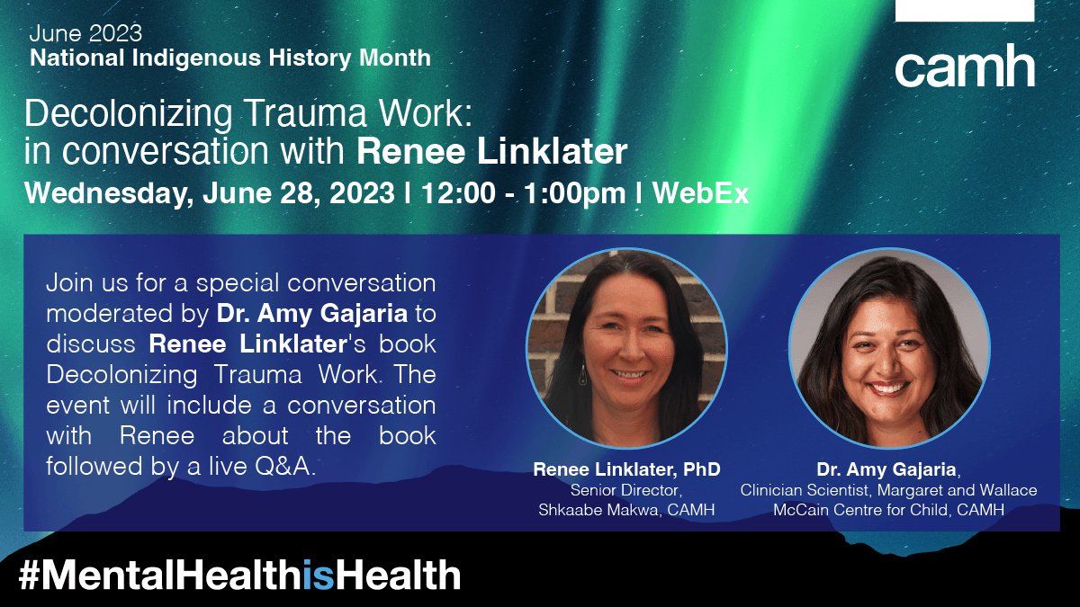 CAMHnews's tweet photo. On June 28 at noon, join us for a special virtual event with Dr. Renee Linklater, author of Decolonizing Trauma Work, and Dr. @AmyGajaria as they discuss decolonizing #mentalhealth.

The event will include a discussion followed by a Q&amp;A.

Link:
https://t.co/cC674E76rH

#NIHM https://t.co/PYyK5SZrgm