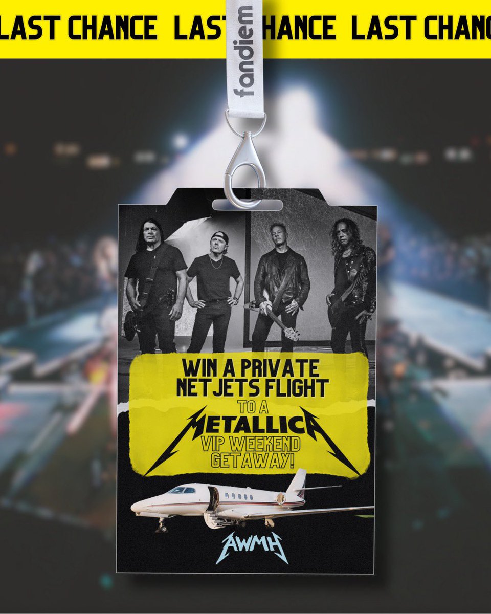 Metallica's tweet photo. #MonthOfGiving2023 may have technically ended, but with our current @winwithfandiem sweepstakes still running, you can continue to help The @farmlinkproject.

Enter to win a once-in-a-lifetime Metallica experience for you and six friends! Your crew will travel in style on a private @NetJets flight to the #M72 US Tour destination of your choice! But that’s not all - during this ultimate VIP weekend, you'll enjoy...

✅ BOTH M72 “No Repeat Weekend” Shows
✅ An Exclusive “Lux Æterna” Private Platform for Both Shows
✅ Access to the “Black Box” Pre-Show Lounge
✅ $5,000 toward Additional Expenses

Donate to Enter and you'll also be joining our @AWMHFoundation in supporting Farmlink. But don't wait - this contest ends on June 23 at 11:59 PM PT!

Use code ‘METALLICAJET’ for 100 bonus entries ➡ https://t.co/MqE6zK9LM3