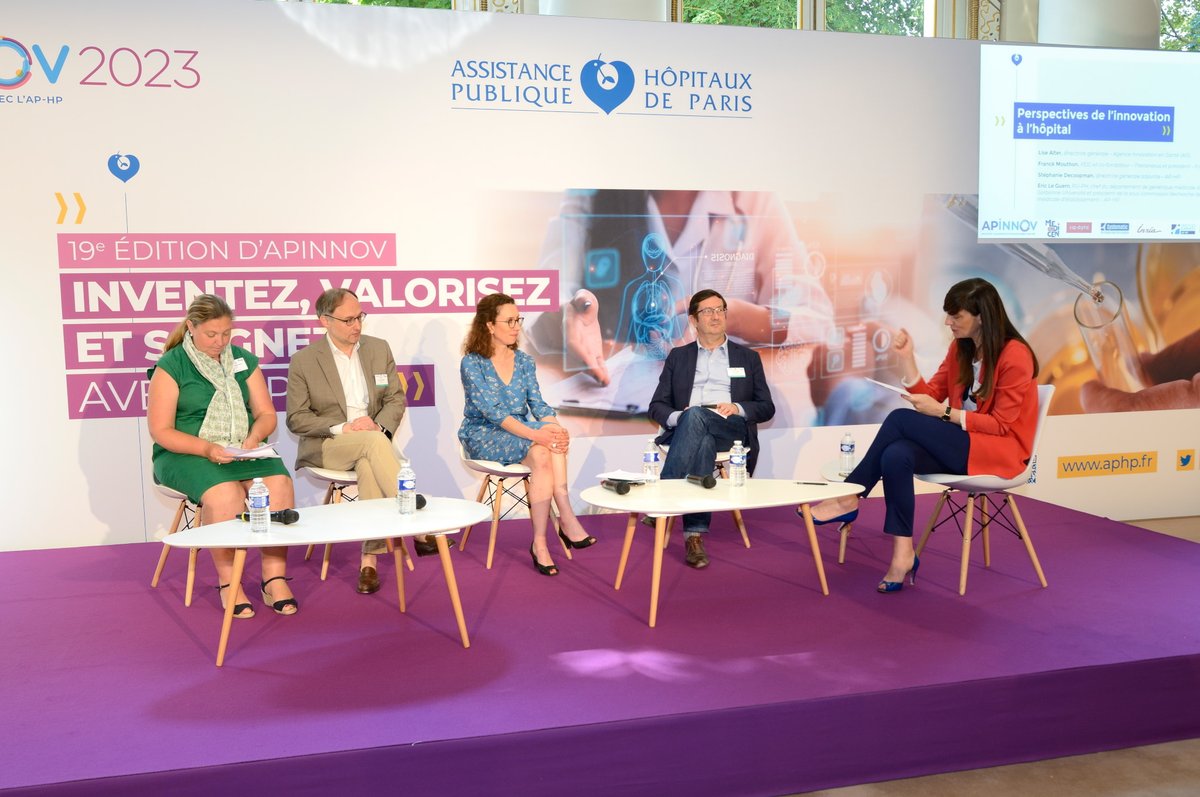 APHP's tweet photo. Seconde table ronde de #APinnov avec @LiseAlter DG de l’AIS, Franck Mouthon, président de France biotech, Stéphanie Decoopman, DGA de l’AP-HP et Eric le Guern, président de la sous-commission Recherche de la CME de l’AP-HP https://t.co/F6Sql1sEFA