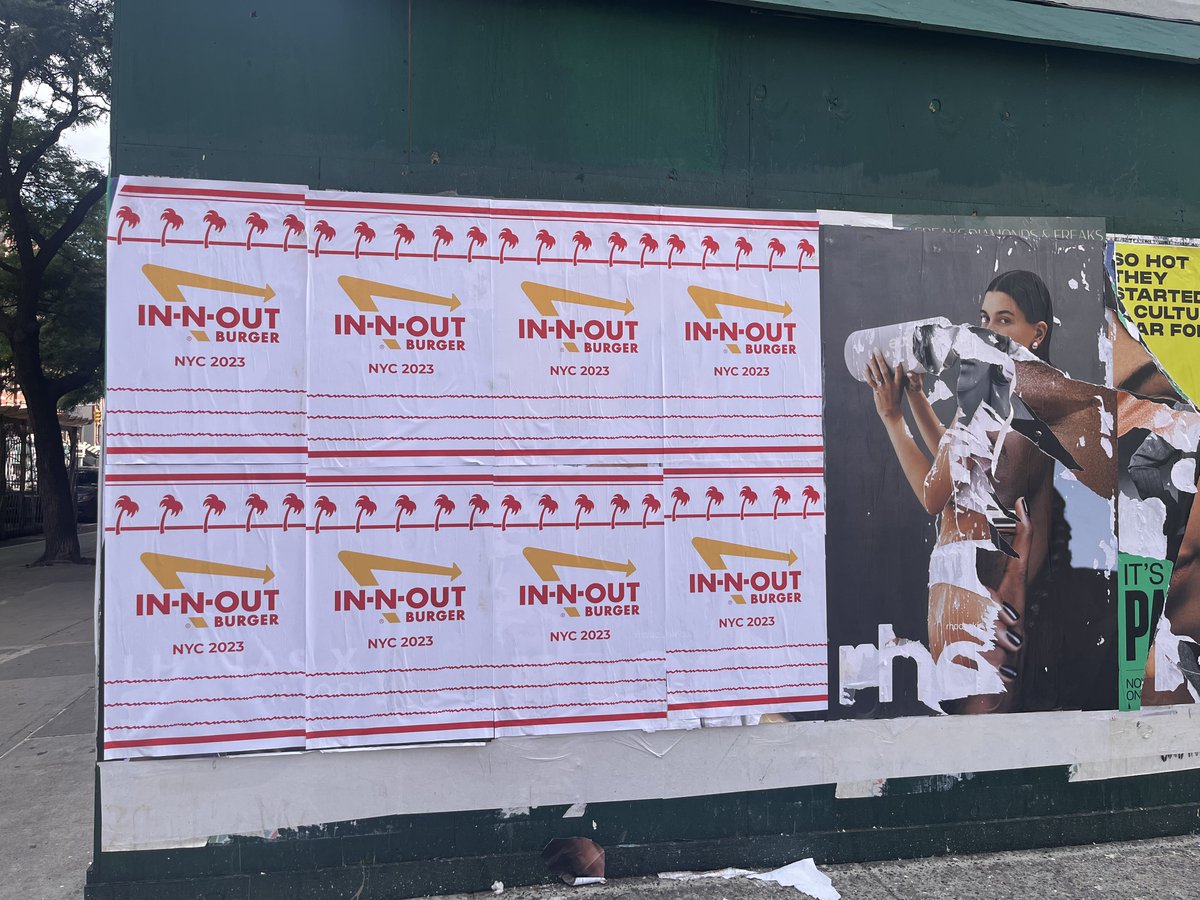 evgrieve's tweet photo. Wheatepaste ad as seen on St. Mark's Place &amp; 2nd Avenue in the East Village. (Reader photo.) @innoutburger NYC 2023 🤯 Not sure if this is real or not (and not for this location, as far as we know). https://t.co/ngQ362tGE4