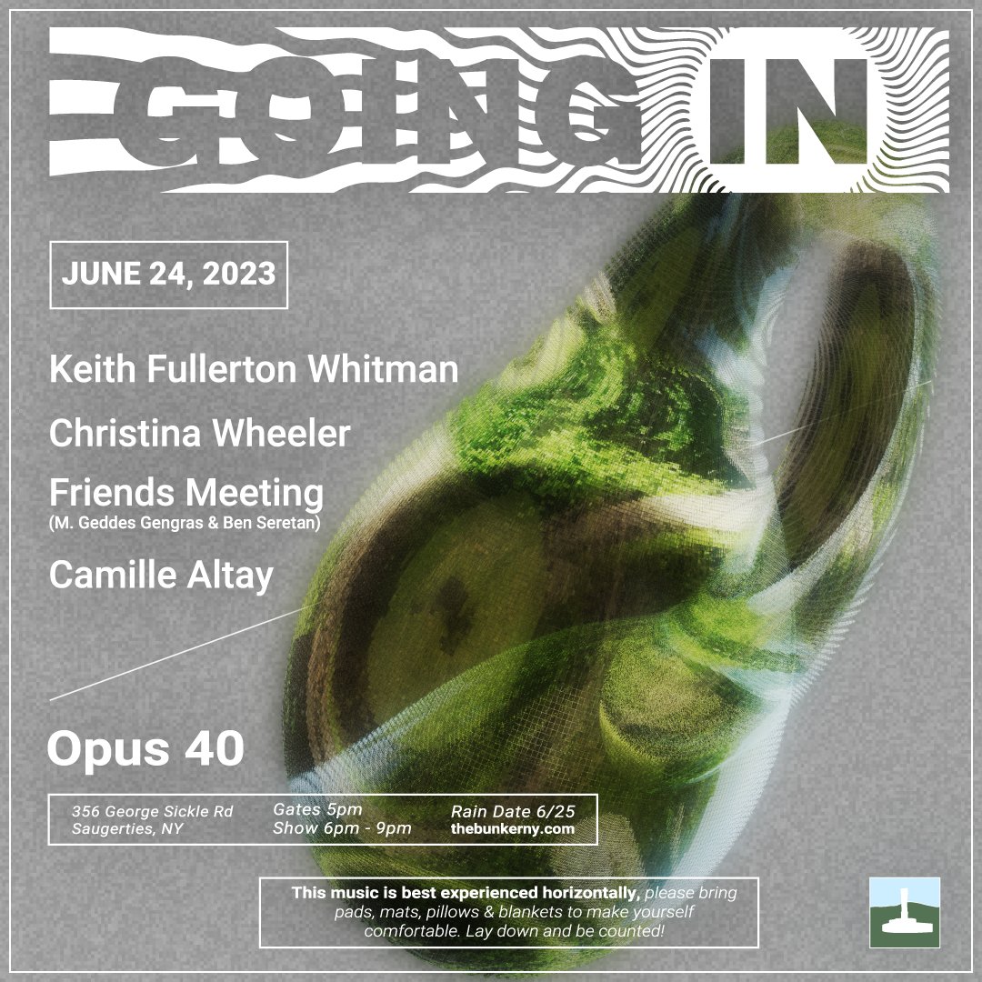 New Releases on <a href="/goingin_healing/">Going In</a> this month from <a href="/keithfwhitman/">Keith Fullerton Whitman</a> <a href="/CamilleAltay/">Camille Alice Altay</a> Friends Meeting (<a href="/mgeddesgengras/">ged</a> &amp; <a href="/BenSeretan/">Ben Seretan 🦗</a> all of whom are playing at <a href="/OfficialOpus40/">Opus 40</a> on June 24