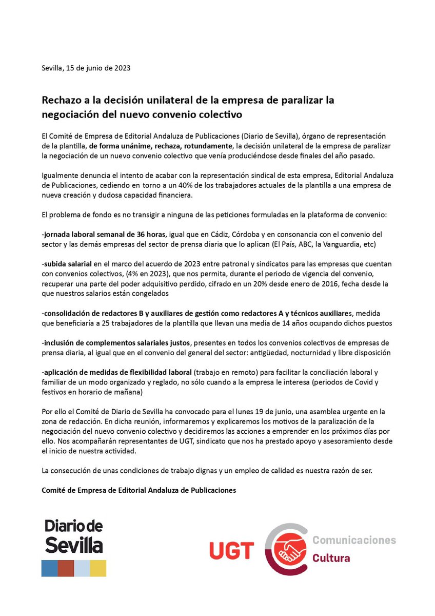 aprensasevilla's tweet photo. El Comité de Empresa de Diario de Sevilla (@Comite_DdS) rechaza la decisión unilateral de @grupojoly que pretende paralizar la negociación del nuevo convenio colectivo, impidiendo las mejoras económicas y sociales de la plantilla. https://t.co/GbSOQGmTUe