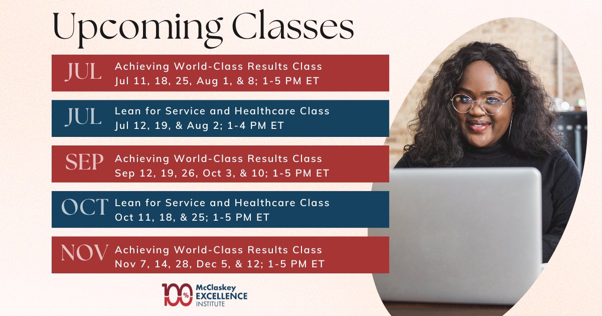 Mark your calendar for our upcoming classes! 
Register today: mcclaskeyexcellence.com/Register