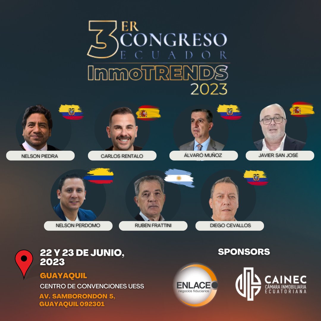 EnlaceNF's tweet photo. 3er Congreso Ecuador - InmoTRENDS 2023.
Guayaquil, 📅 22 y 23 de junio 2023
📌Centro de Convenciones UESS.
https://t.co/kAZ3ywQns0
#inmobiliarios #bienesraices #Guayas  #InmoTrends
Algunos de los speakers invitados serán: https://t.co/AxuXeq5DQC