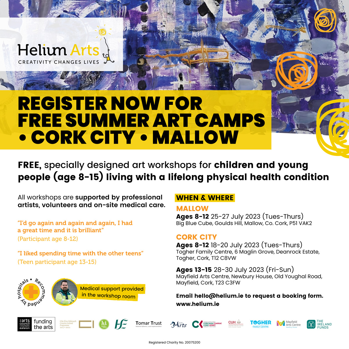 CorkKerryCH's tweet photo. Helium Arts is now online! Register for their FREE Online Summer Camp for children (aged 8-12) & teens (aged 13-15), living with lifelong physical health conditions. Email: hello@helium.ie to request a booking form
ℹ️ https://t.co/LXSJC6ULkp
#CreativityChangesLives @HeliumArts https://t.co/ThpPmj9hDP