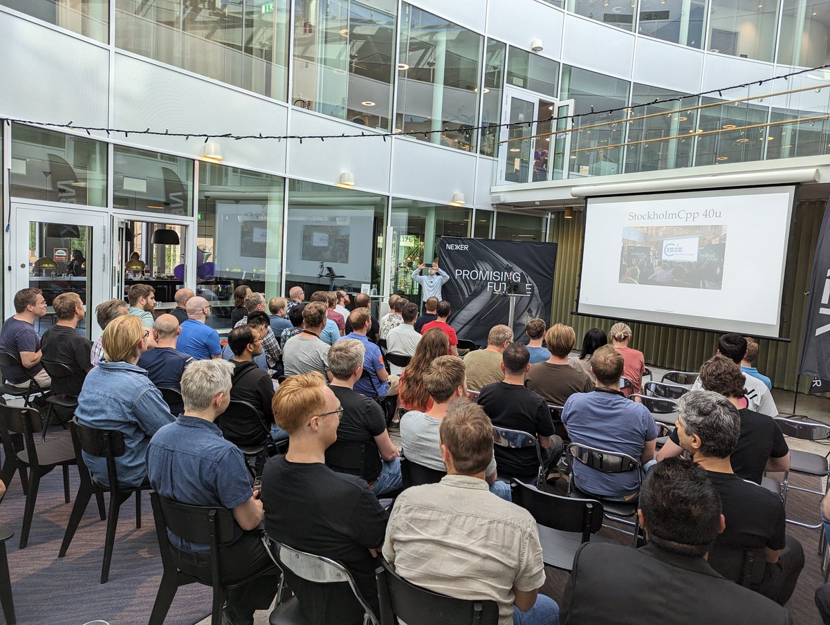 StockholmCpp's tweet photo. It begins! @haralda4z documents the meetup from the stage. Thanks @nexergroup for hosting us today. https://t.co/XEtrHI01KR