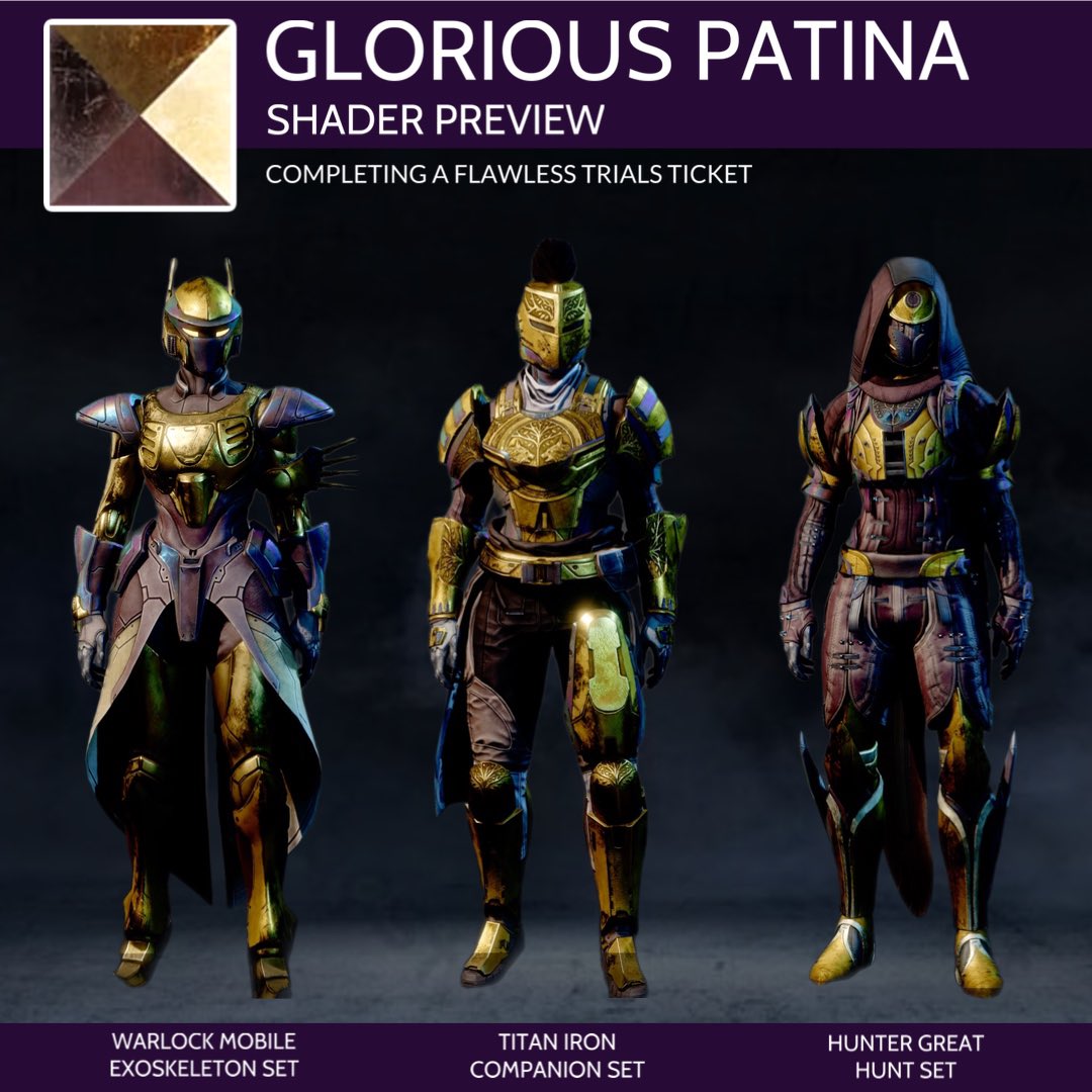 Shader Preview Thread of the ‘Glorious Patina’ shader

#destiny2 #trialsofosiris @DestinyGameUK