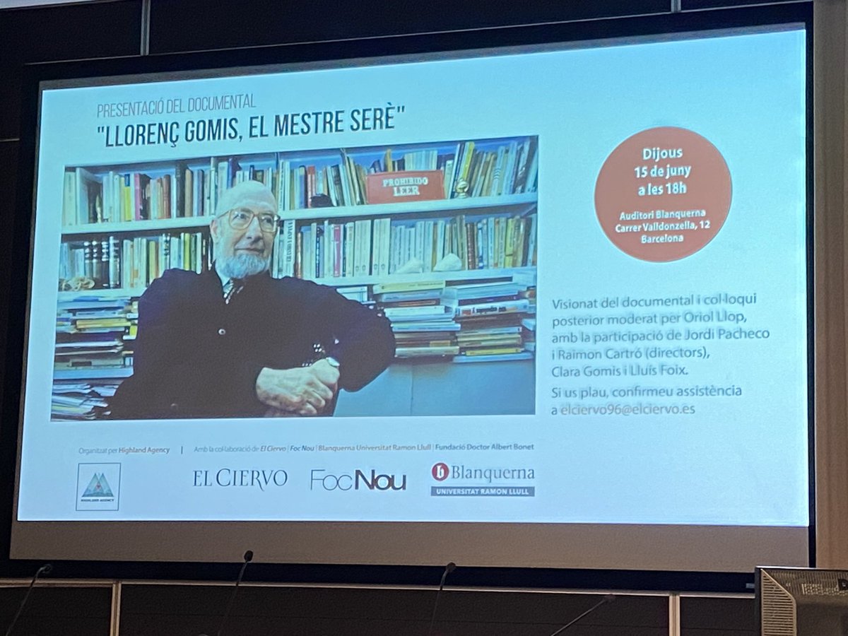 PepeMe's tweet photo. A punt de començar l’estrena del documental “Llorenç Gomis, el mestre serè” fet pel @Jpachecoga @RaimonCartro a l’auditori de @BlanquernaFCRI Merescuda memòria!!! https://t.co/Zte5UbjRgS