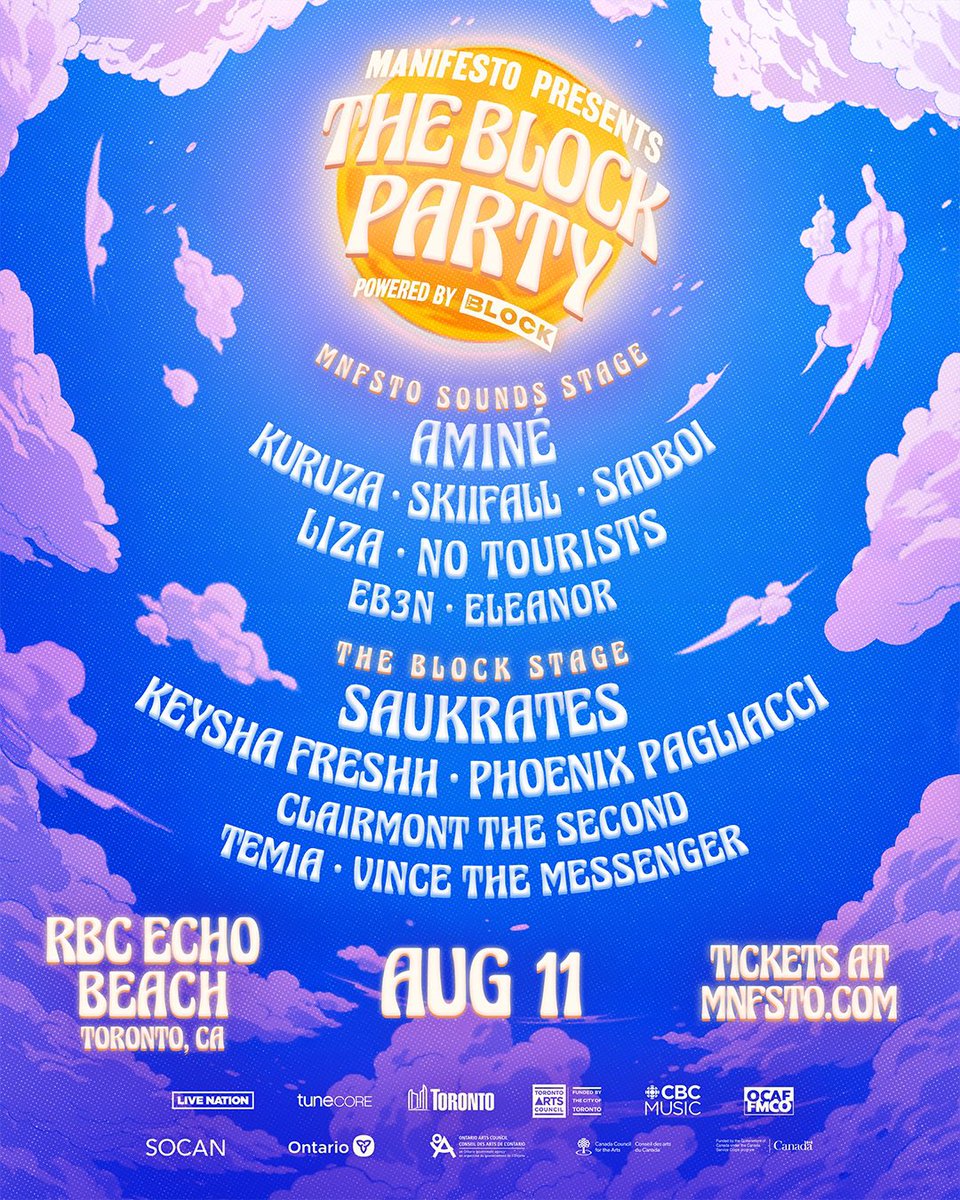 Manifesto Presents: The Block Party (Aug 11) 🌞

Tickets Now On Sale: ticketmaster.ca/manifesto-pres…