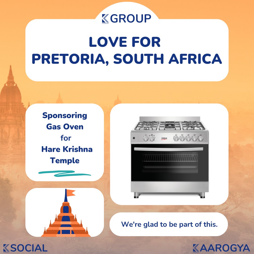 Love For Pretoria, South Africa 

Sponsoring Gas Oven for Hare Krishna Temple.

#Sponsoring #Krishnatemple #donation #pretoria #southafrica #kgroup #ksocial #kaarogya #kasireddy