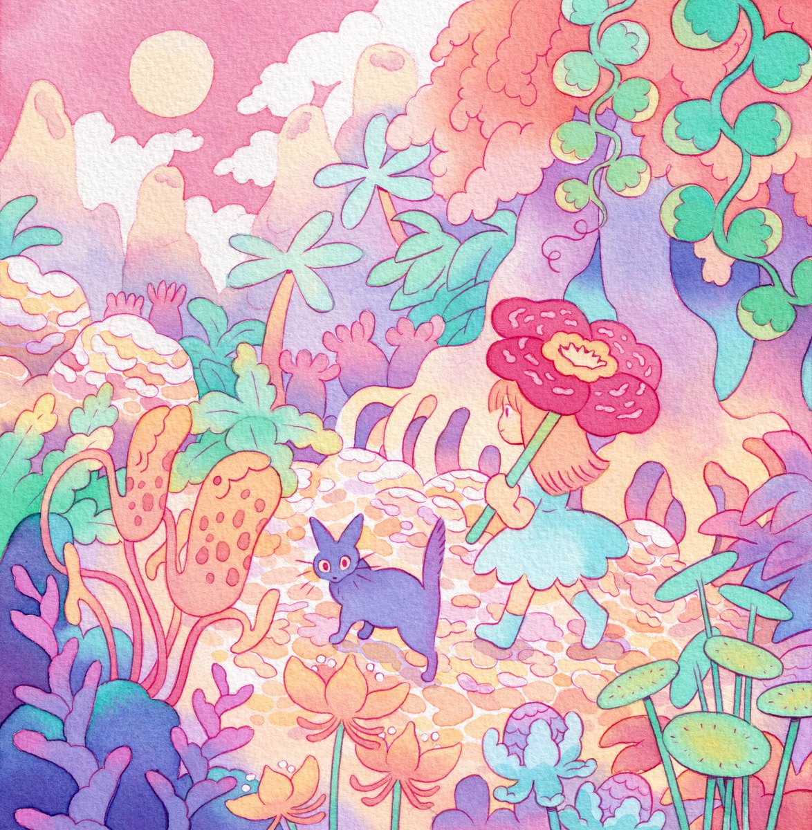 1girl flower cat coral dress plant cloud  illustration images