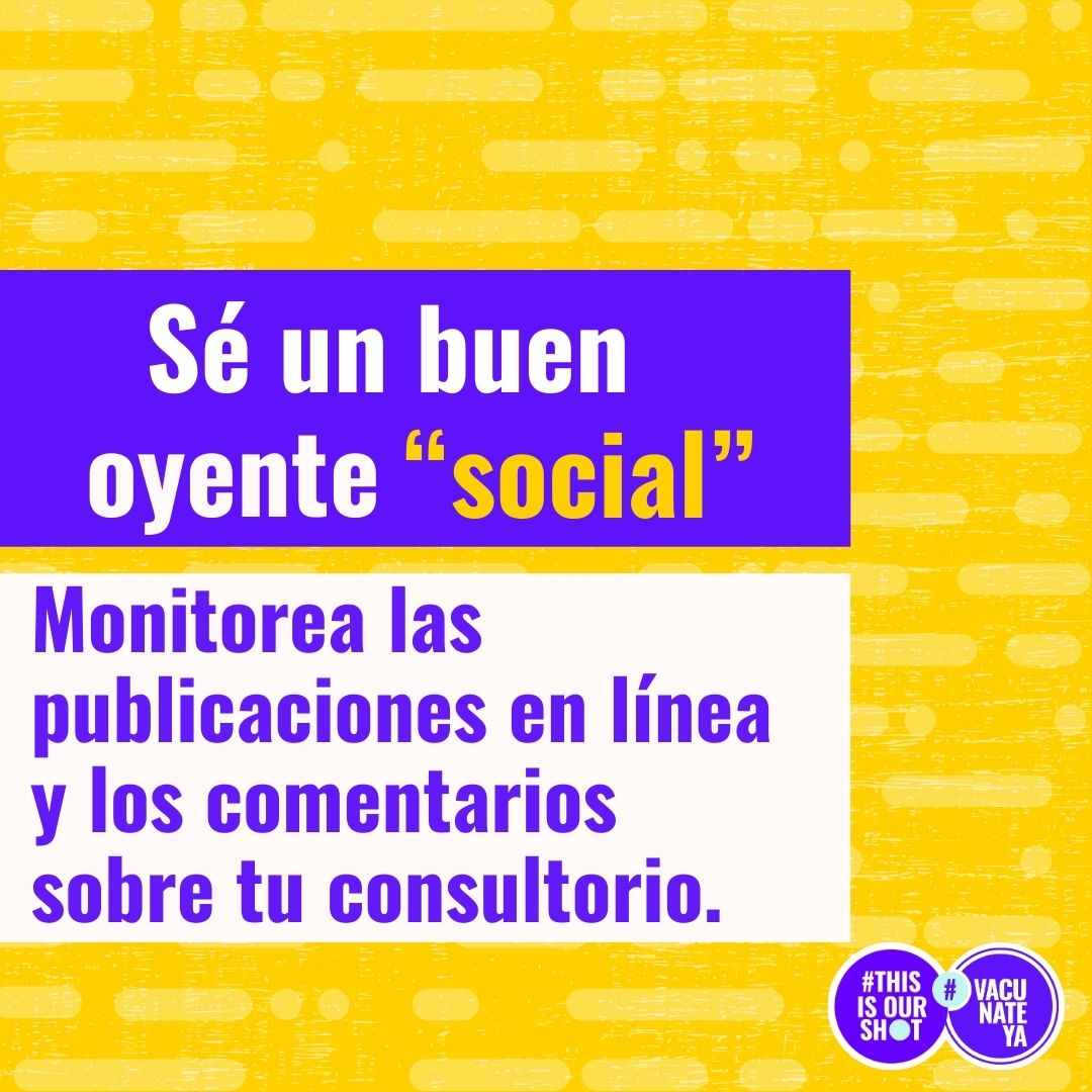 Crear y compartir contenido en línea es bueno, pero es igual de importante ser un buen oyente social.
Monitorea las publicaciones en línea y los comentarios sobre tu práctica.