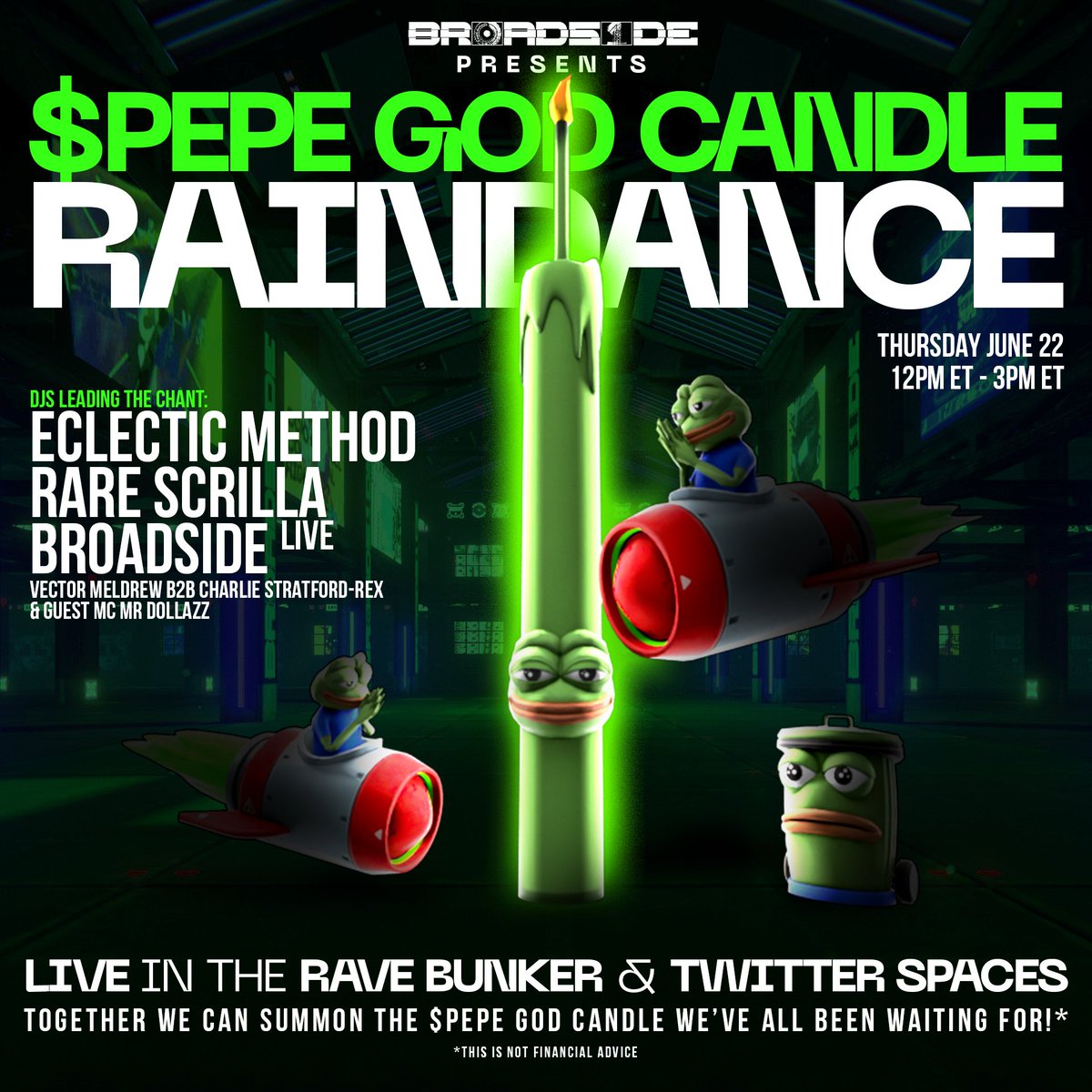 If praying for a $Pepe god candle isn’t part of your daily routine, are you sure you’re still in web3, anon?

Join us alongside <a href="/EclecticMethod/">Eclectic Method ♻️</a>, <a href="/ScrillaVentura/">RARE SCRILLA</a>, @CincoDollazz and special guests to summon the god candle crypto needs. ☠️⬆️🐸⬆️ 

(❤️ + RT = 10 $BONES) #pepe