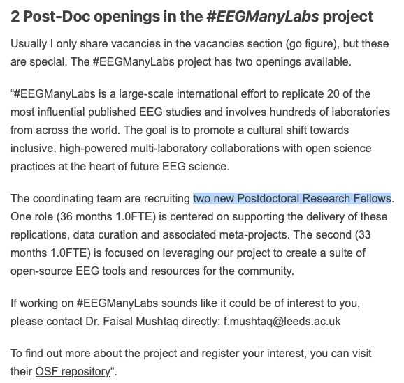 Wow, amazing news! @eegmanylabs is hiring two #postdoc researchers 

#OpenScience #EEG