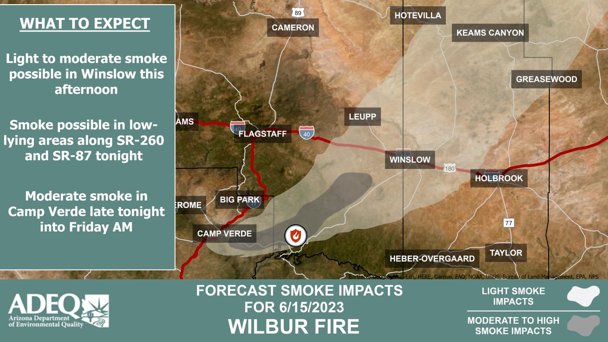 ArizonaDEQ's tweet image. ❗ADEQ has UPDATED the #Wilbur Fire Wildfire Smoke Forecast❗

See how the #smoke is affecting your local community #CampVerde #ClintsWells  #HappyJack #Winslow #Holbrook ➡️ bit.ly/WilburFire 

#AZFire #azwx #WilburFire #SmokeReady
