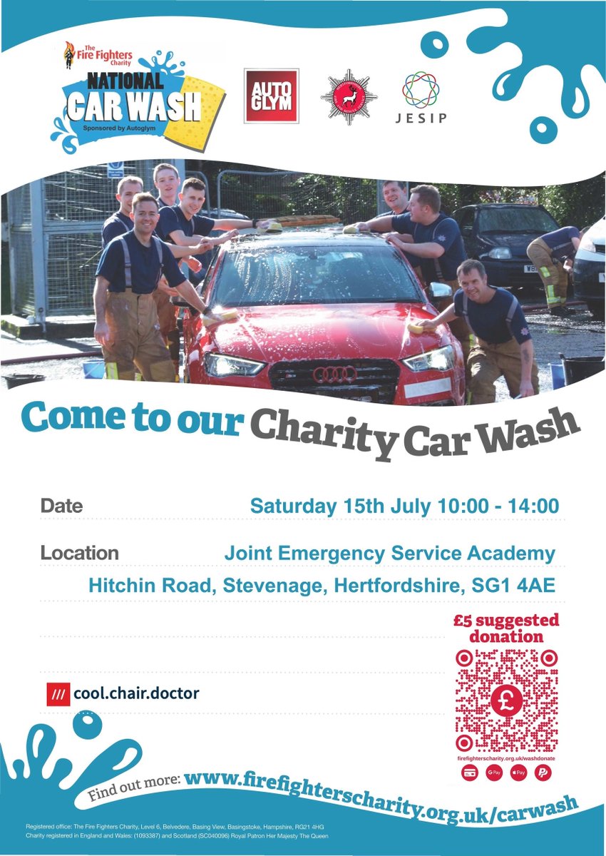 Save the date Saturday 15 July 10:00 - 14:00 charity car wash at Joint Emergency Services Academy - see you there