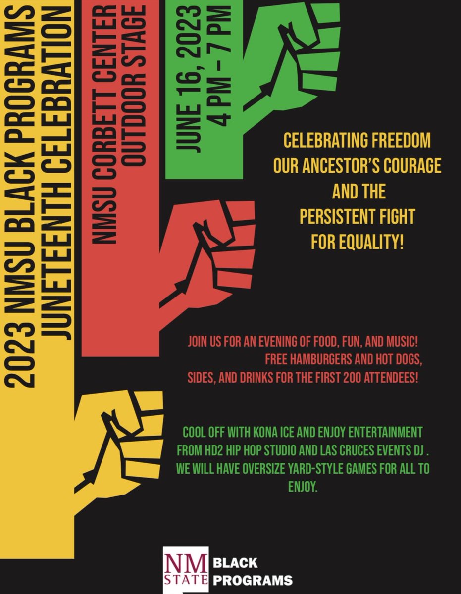 NMSUBSA's tweet photo. Hey Aggies! Tomorrow is the big day, our 2023 Juneteenth Celebration leading into a weekend full of amazing events!! We will have games, food, music and so much more!! Come out and celebrate with us! ✊🎉
Friday June 16th 
@4pm-7pm
CCSU Outdoor Stage
@TheAfroFrontier https://t.co/fh1G8LmwrQ