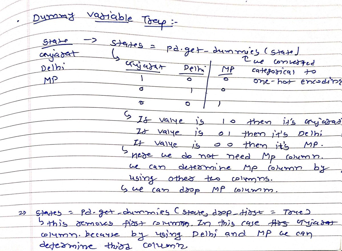 TirthRadadiya2's tweet image. Ok folks, time for small dose of Information.

In below image you will find about Dummy Variable Trap. 

Have a look at it and you will understand.

#DataScience #machinelearning #pandas