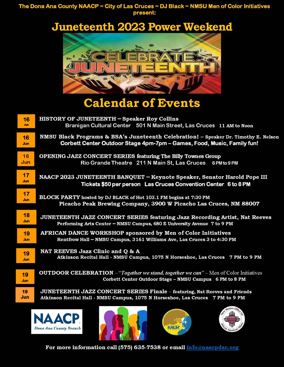 Hey Aggies! Tomorrow is the big day, our 2023 Juneteenth Celebration leading into a weekend full of amazing events!! We will have games, food, music and so much more!! Come out and celebrate with us! ✊🎉
Friday June 16th 
<a href="/4pm/">4pm</a>-7pm
CCSU Outdoor Stage
<a href="/TheAfroFrontier/">Historian, Professor, Author, Artist, & Playwright</a>