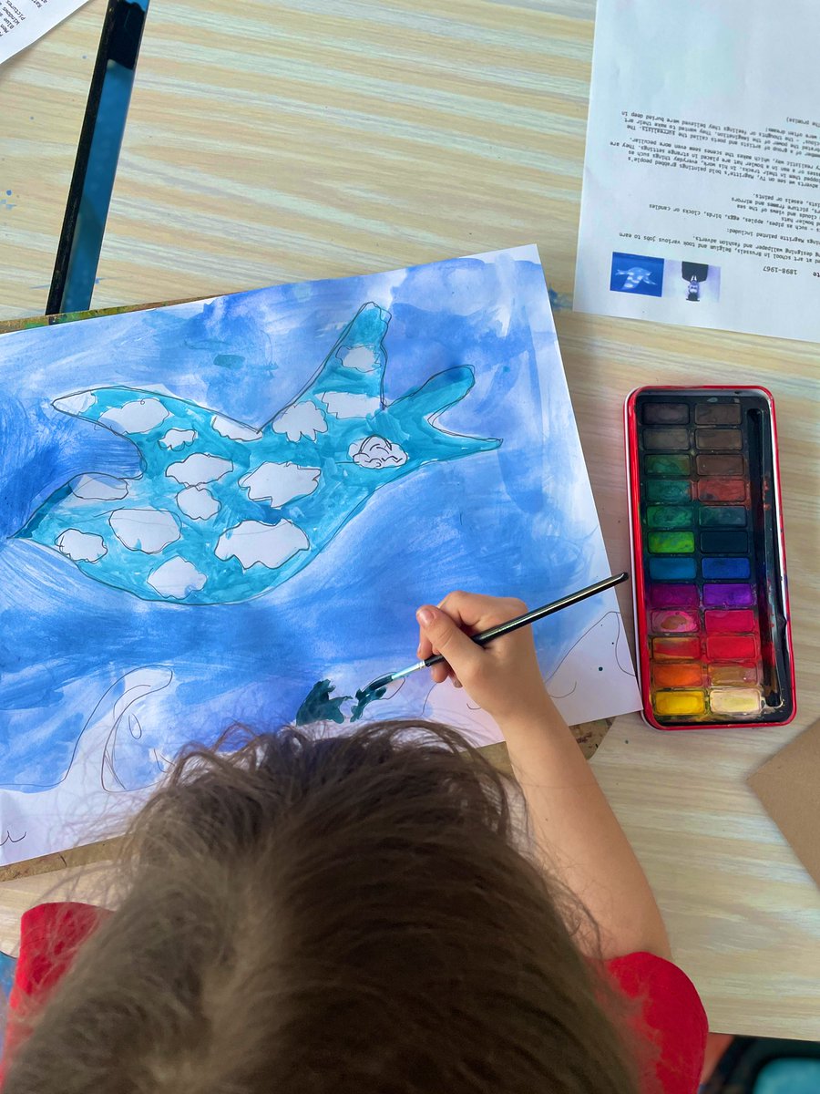 PickeringCelia's tweet photo. A new Thursday, a new artist (one of my favourites) Rene Magritte &amp; a new artwork ‘The Promise’. Learning to draw clouds and waves @Cavendish_W4. A talented bunch of children. https://t.co/nmxg3sPlIW