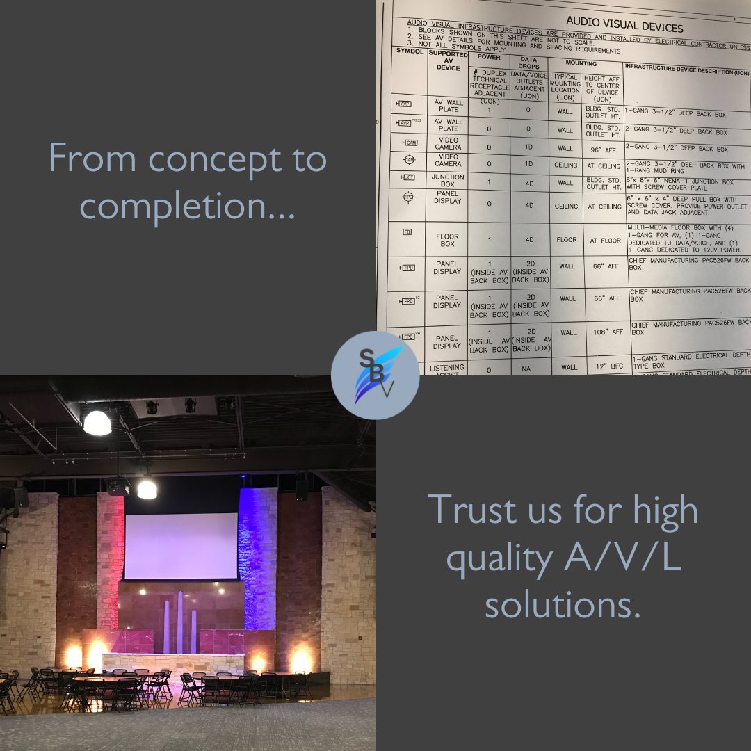 SBVentures_'s tweet image. With over 17 years of experience, we specialize in creating exceptional A/V/L solutions that bring your vision to life. 🎥🔊✨ Let us make your ideas reality!
#AVLSolutions #AudioVideoLighting #ConceptToCompletion #ExperiencedProfessionals #InnovationMatters #CreativeSolutions