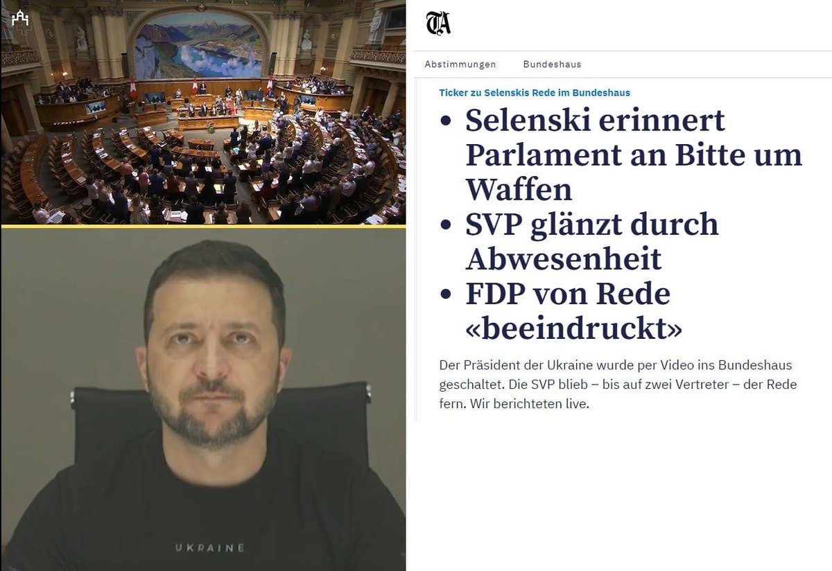 🇨🇭 Un tiers du parlement suisse a refusé d'écouter Zelensky

Lorsque l'appel du toxicomane de Kiev a été lancé, environ un tiers des députés de la faction de l'UDC se sont levés avec défi et ont quitté la salle.

😄 Les médias locaux écrivent que 'le déjeuner était l'occasion'.…