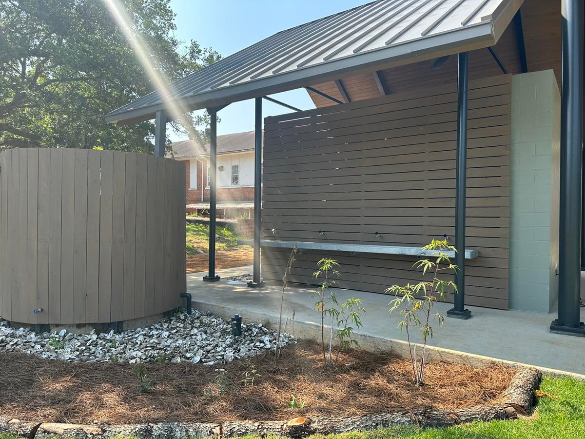 DeepSouthGREEN's tweet photo. Rainwater cisterns at Fairhope's new #OutdoorClassroom allow us to flush toilets and irrigate the landscape! - Fhope Ed Enrich Fd #greenschools https://t.co/oMJ7m8rSxJ