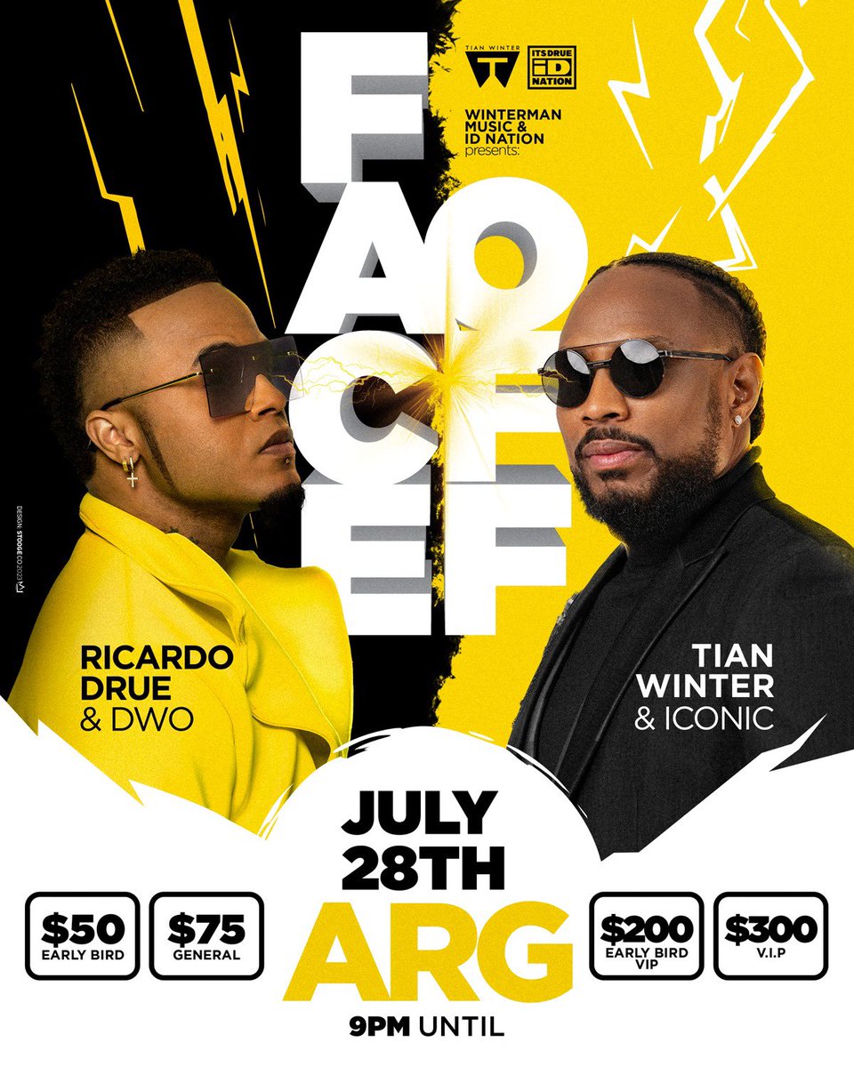 FACEOFF  TICKETS ARE NOW AVAILABLE from Joe Mikes Hotel, Roti King, Town House Mega Store, Modern Chic and Harney Motors Ltd.
Get your Early Birds to this EPIC showdown NOW! $50 general $200 VIP .. Special ends July 1st.   Put your money on that🎶 #ICONIC #DWO