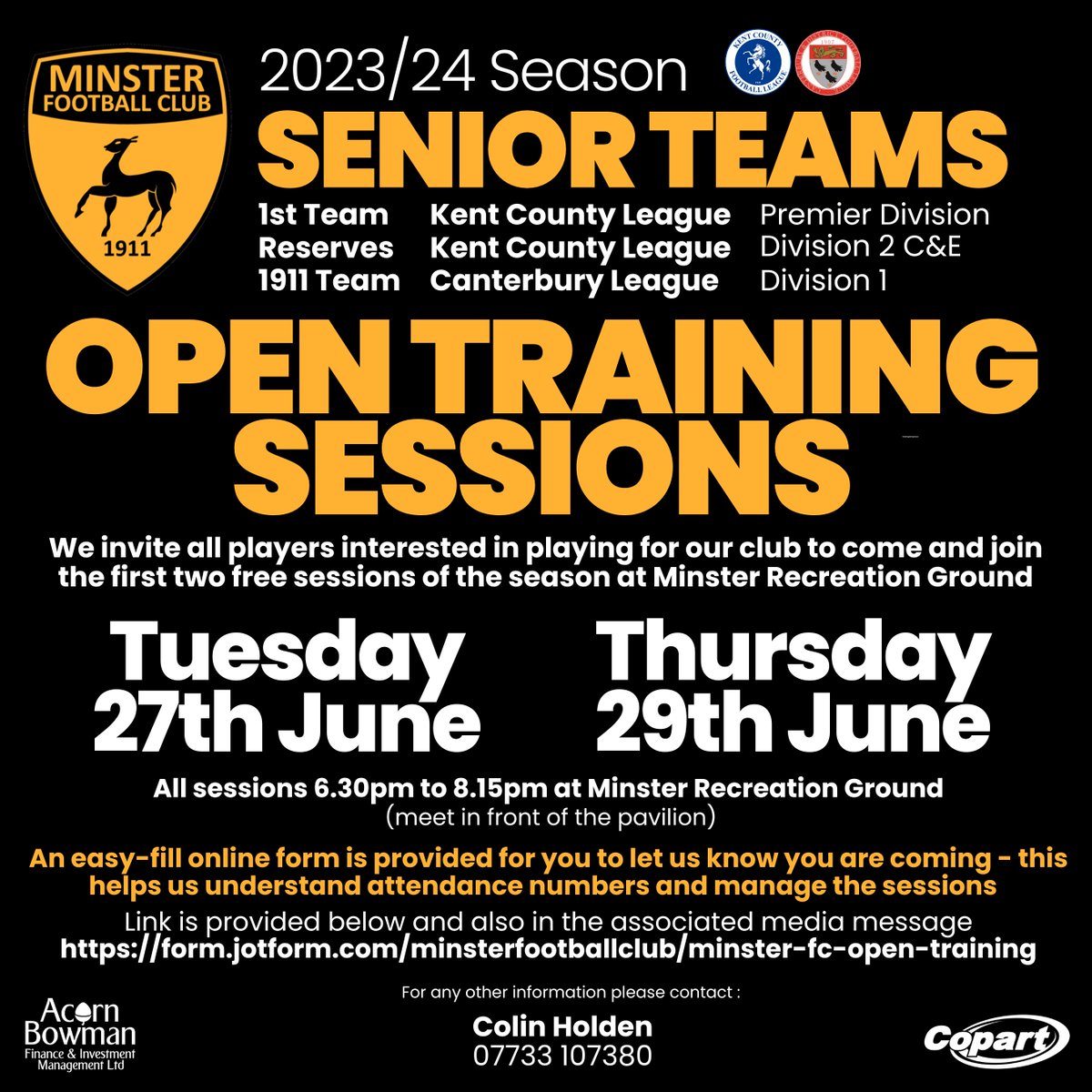 MinsterFC1911's tweet photo. SENIOR TEAMS OPEN TRAINING SESSIONS
Come and get involved at Minster FC - let us know you are coming so we can prepare the sessions - use the easy-fill form from this link :
https://t.co/nCnYNCmSSj

#mcmxi #thanetfootball #iloveminster #grassrootsfootball https://t.co/3iFga8ZFxc