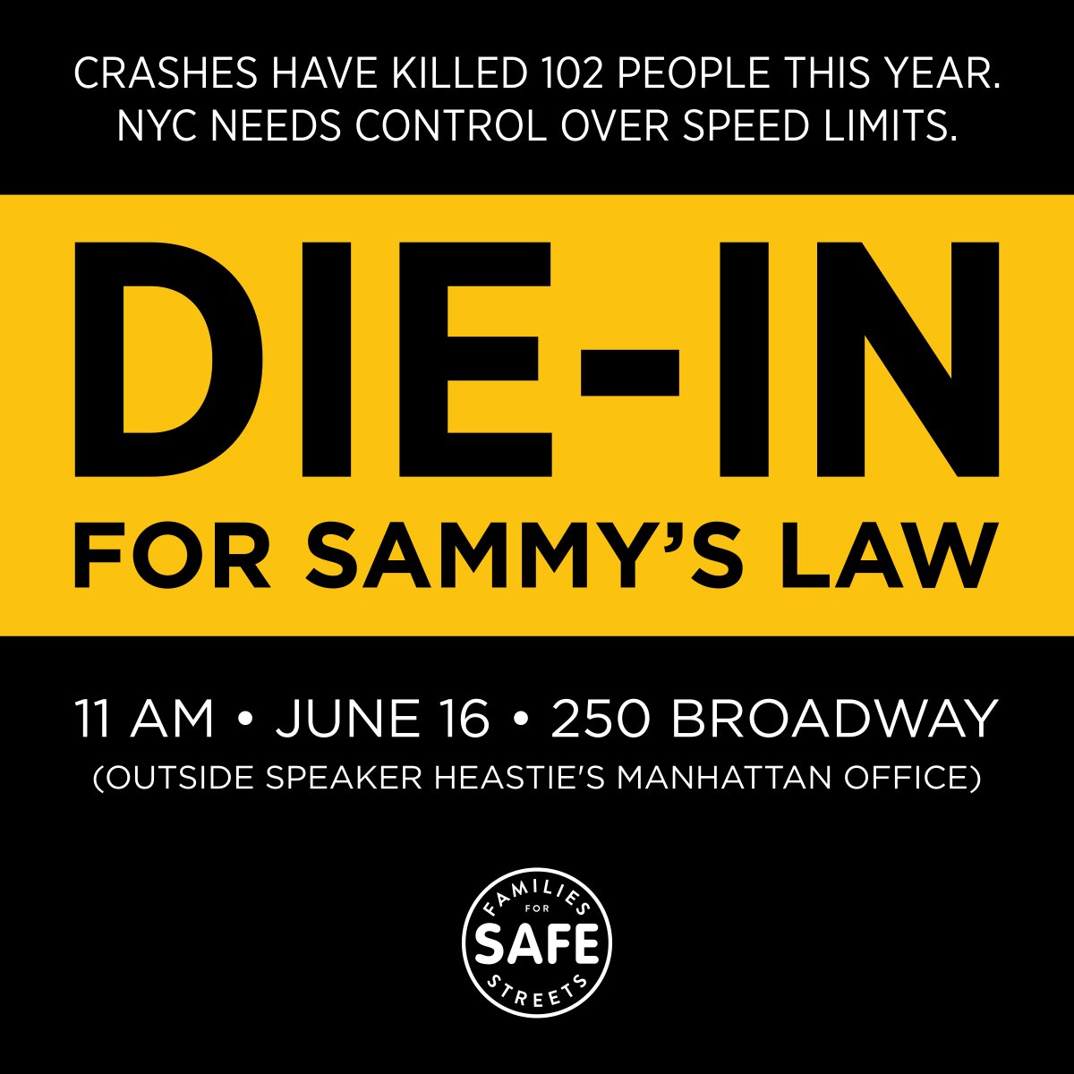 Crashes have killed 102 people in NYC this year, including 91 since Sammy's Law was introduced in the Senate.

Enough is enough. NYC needs control over its speed limits.

Join us at 11 a.m. tomorrow outside @CarlHeastie's Manhattan office at 250 Broadway to demand a vote.
