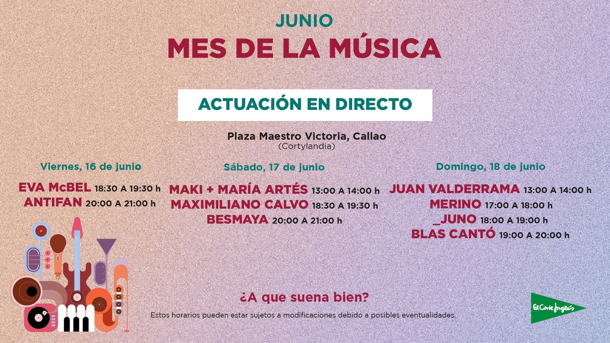 🔴MADRID: ¡Actuaciones en directo los días 16, 17 y 18 de junio! <a href="/oficialmaki/">Maki</a> + <a href="/mariaarteslm/">María Artés</a>, @evamcbel, <a href="/YO_ANTIFAN/">ANTIFAN</a>, <a href="/calvomaximilian/">Maximiliano Calvo</a>, <a href="/somosbesmaya/">Besmaya</a>, <a href="/JuanValderramaC/">Juan Valderrama</a>, <a href="/merinomusica_/">MERINO</a>, <a href="/soy_juno/">_juno</a> y <a href="/BlasCanto/">Blas Cantó</a>. ¡En la Plaza Maestro Victoria (Cortylandia)! bit.ly/3qCkgxC