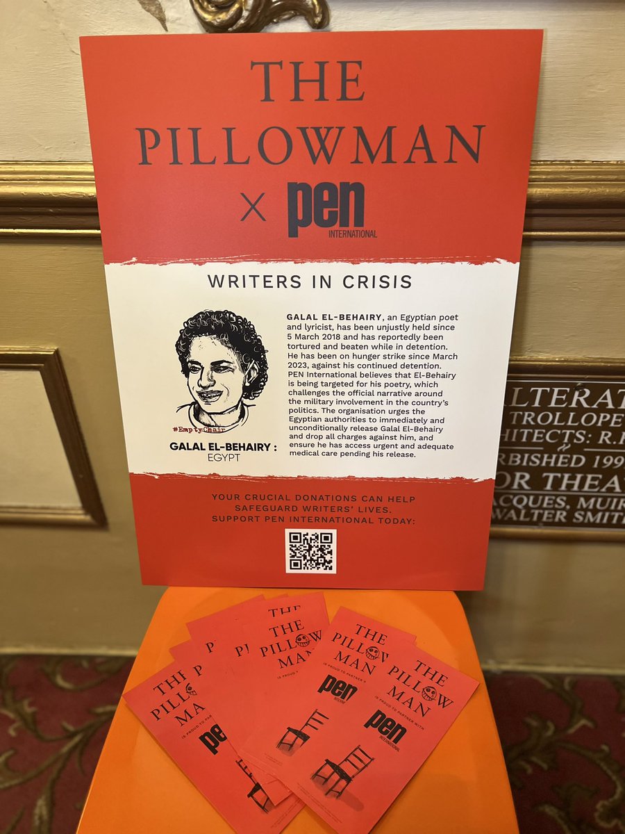 estreetprods's tweet image. Proud to support @pen_int with #writersincrisis  and #emptychair campaigns at #pillowmanplay