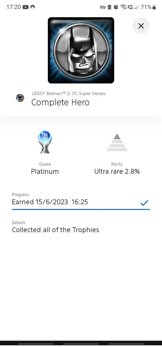 Platinum #129 - Lego Batman 2: DC Super Heroes

The first Lego game to include voices, I remember being absolutely blown away as a kid when this came out! Still a blast to play!
#TrophyShare #LegoBatman #PlaystationTrophy
