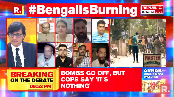 republic's tweet photo. #BengalIsBurning | Watch the heated debate faceoff between Rajya Sabha MP & BJP National Spokesperson @SudhanshuTrived and TMC Spokesperson @DrRijuDutta_TMC on The Debate
Fire in your views with the hashtag - https://t.co/RQmU1F7jCP
#WestBengal #PrePollViolence #TMC #MamataBanerjee #PanchayatElections