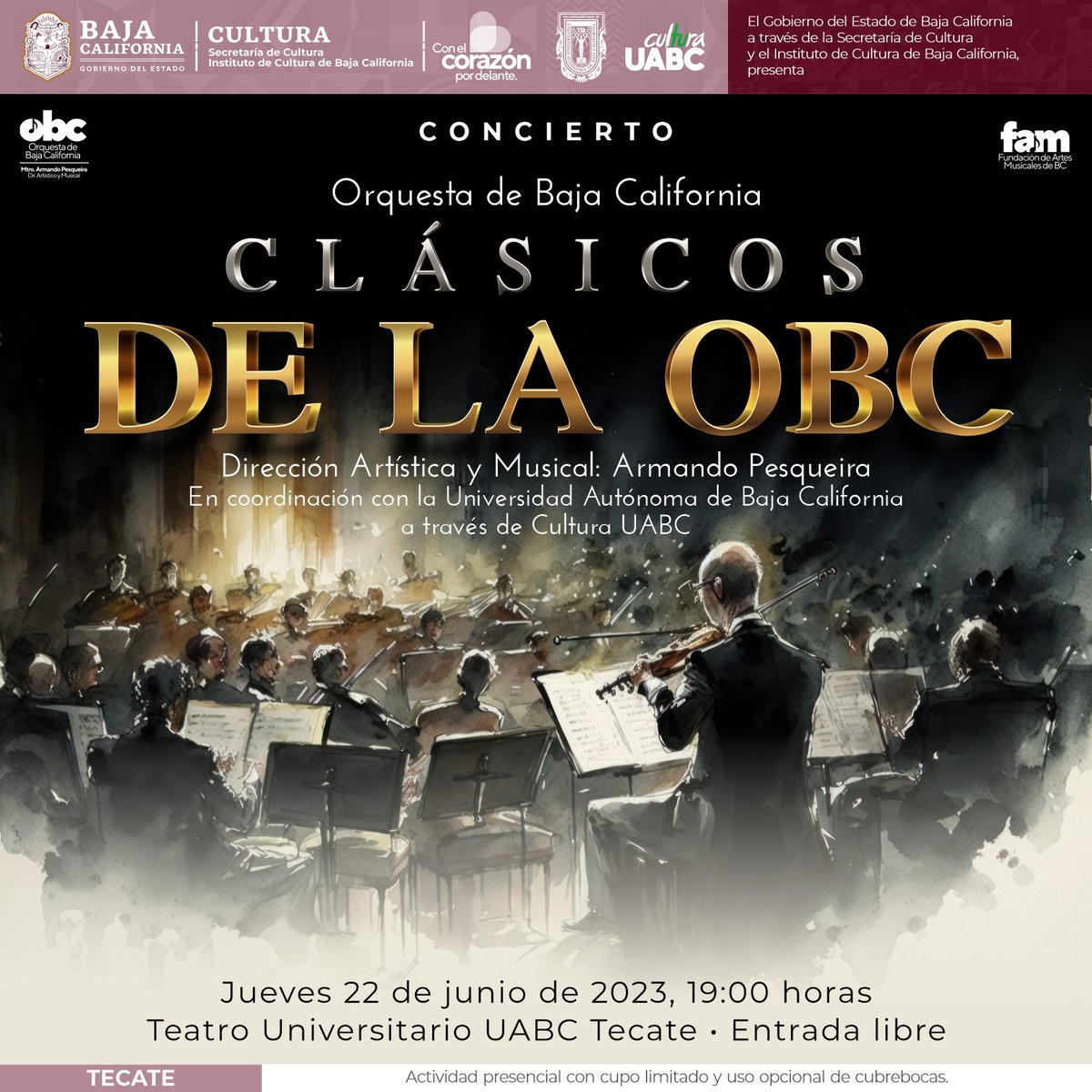 Amigos siguiente cita con su
<a href="/OrquestaBC/">OBC</a> : Jueves 22 de junio, Teatro Universitario UABC Tecate. Viernes 23 de junio, (OJO al cambio de sede) Sala Ernesto Muñóz CEART Ensenada. Ambos a las 7 pm, ambos Entrada Libre gracias a la Secretaría de Cultura de Baja California y UABC.