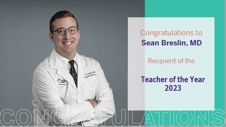 Wow to the Wow.

MASSIVE kudos and congrats to @nyulangone #hospitalist-extraordinaire Dr. Sean Breslin for winning the highly coveted TEACHER OF THE YEAR award!

Sean – your smarts, hard work, fiery wit and passion for teaching the next generation lift us all.

#HowWeHospitalist