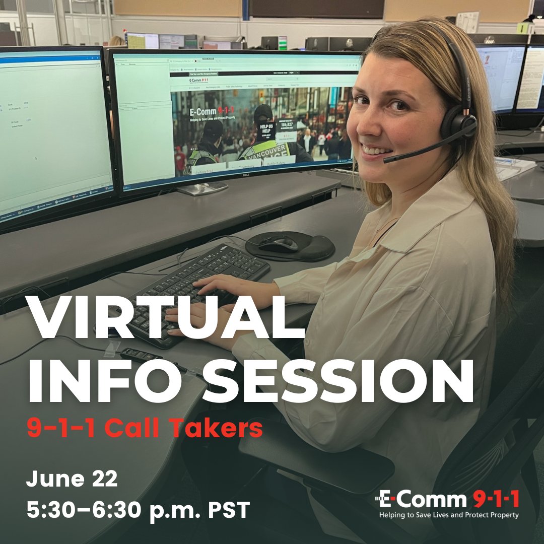 Want to gain insights into the 9-1-1 call-taking career at E-Comm? Join us for our upcoming virtual info session on June 22, 5:30 p.m. – 6:30 p.m. PST: us02web.zoom.us/webinar/regist…

#911BC #BCjobs #HiringNow