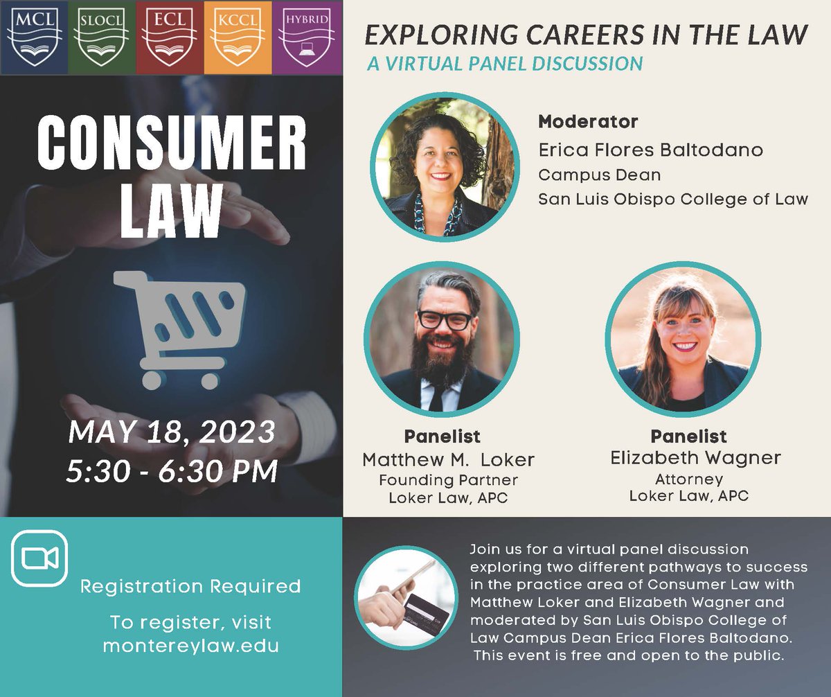 Now available on YouTube, our latest Exploring Careers In The Law panel discussion with practitioners in the area of Consumer Law - youtube.com/watch?v=vG-dvF….  #MontereyCollegeofLaw #SLOCL #KCCL #empirecollegeoflaw #consumerlaw #exploringcareersinthelaw