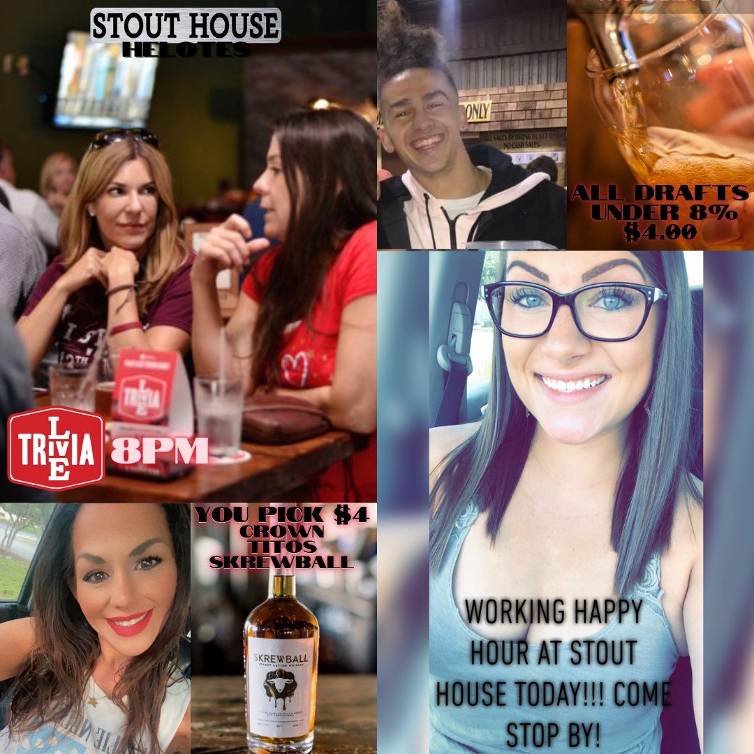 It's Happy Hour Kayhla time, $4 Drafts all day! Alisha and Spensor late! 8PM, we've got an exciting trivia game with prizes for the top three winners! 🎉  $4 Crown, Skrewball, and Titos all day long! 🥃
#stouthousesa
Link: buff.ly/2zR09hj