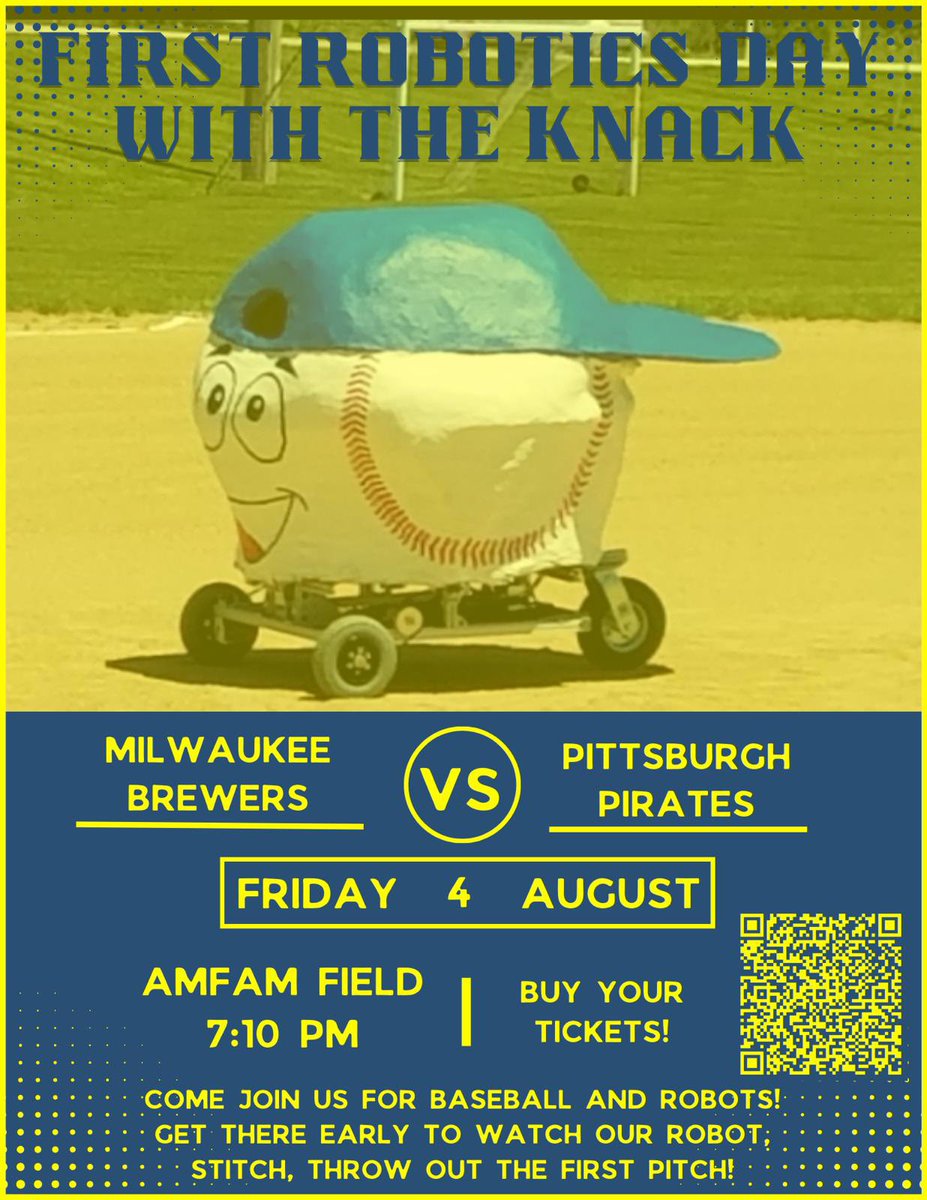 KnackRobotics's tweet image. You are invited!! Join us at the Brewer Game on Friday August 4th! Our robot, Stitch, will be throwing out the first pitch and on display during the game! fevo.me/roboticsinwisc…           Get your tickets now!  @FIRSTweets @WisconsinFTC @WisconsinFLL @WisconsinFRC