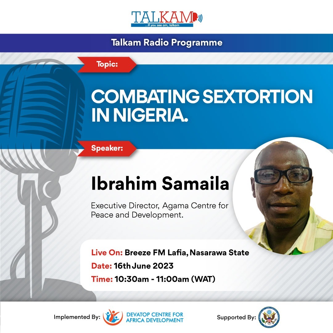 Tune in to @_breezefm 99.9 Nasarawa on Friday, 16th June 2023, at 10:30am for another episode of the Talkam Radio programme - 

Topic: Combating Sextortion in Nigeria 

#RedCard2Sextortion #Talkam