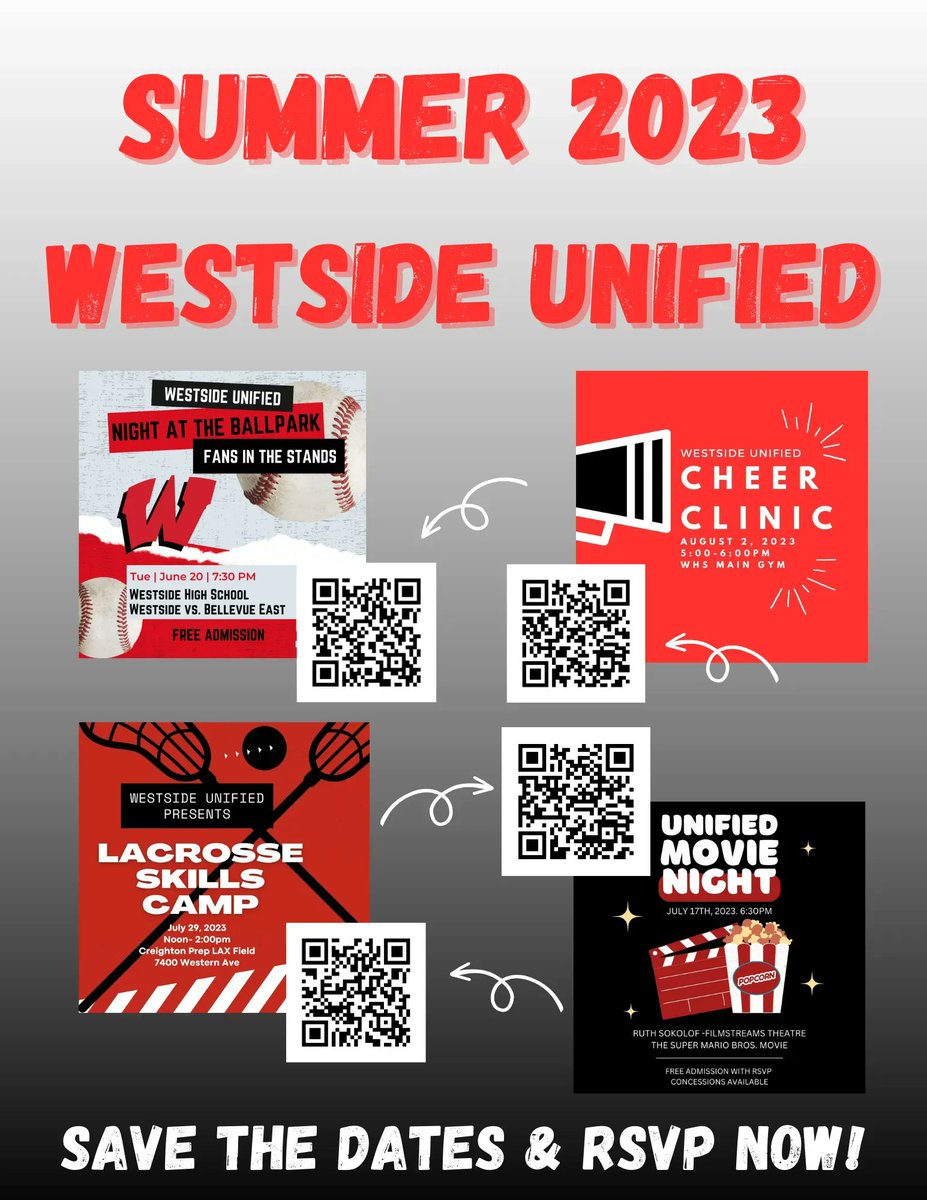 The 2023 Westside Unified Summer Schedule is set!
Bring the family and join us for a great time at a baseball game, lacrosse camp, cheer clinic or movie night!

Scan the QR code to RSVP now! 

#WestsideUNIFIED #WeAreWestside